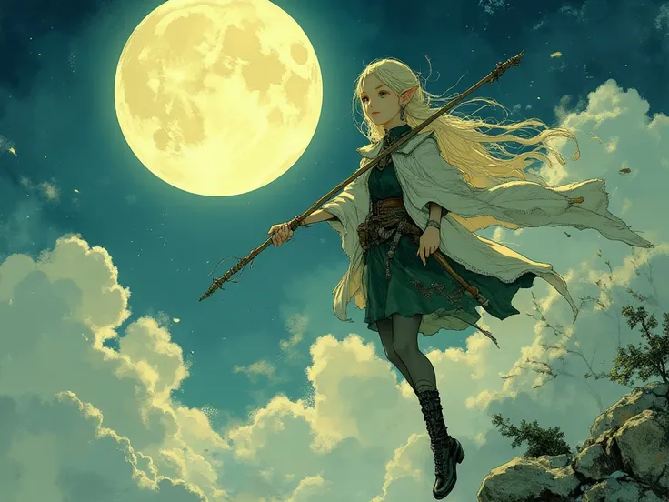 A Female elf. long hair, pointy ears, earrings, collared capelet with long sleeves, skirt, pantyhose, boots, holding a staff, looking at the viewer, floating in the air. big full moon in the background. Yoshitaka Amano style