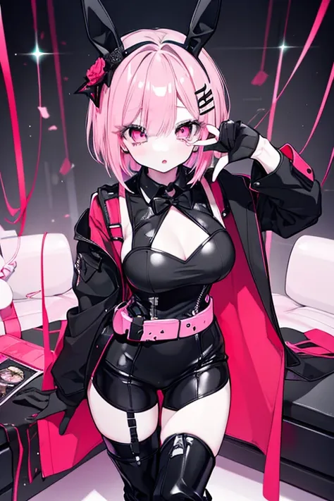  in the seat,  very detailed face,  white skin, long eyelashes,   red lips,   pink eye,  bob hair,  light pink hair ,  short hair,   large accentuated breasts, Black bunny suit, Black Bunny Girl Costume, first round,  sexy costume, Super Long Boots,  full ...