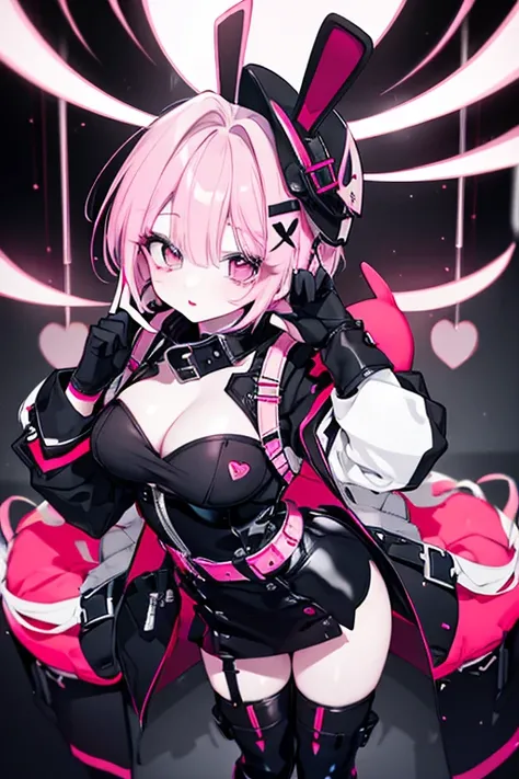  in the seat,  very detailed face,  white skin, long eyelashes,   red lips,   pink eye,  bob hair,  light pink hair ,  short hair,   large accentuated breasts, Black bunny suit, Black Bunny Girl Costume, first round,  sexy costume, Super Long Boots,  full ...