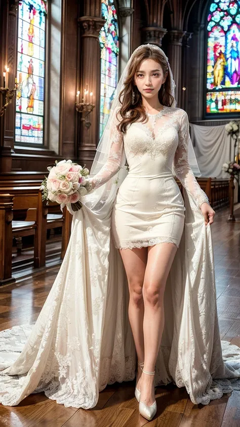 A beautiful young Japanese woman, 26 years old, with healthy thighs, beautiful legs, flawless skin, random hair color and style, large breasts, wearing a (wedding dress:1.3), (she is standing:1.2), full body shot, high heels, holding a bouquet in her hands...