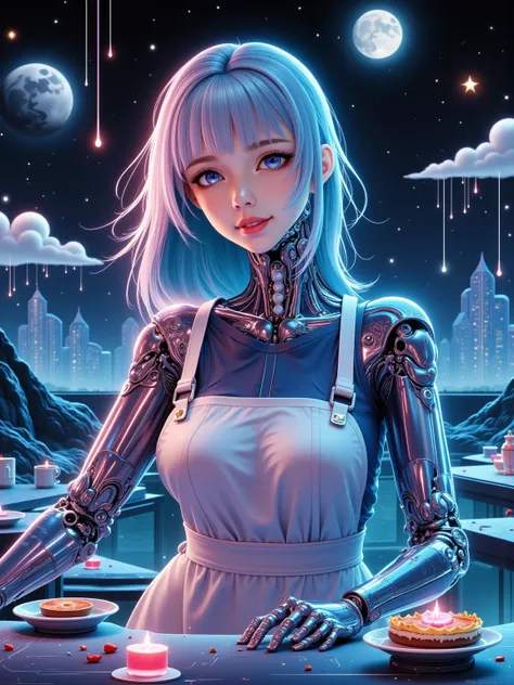 high resolution, Ultra Detailed, lifelike, Photorealism, future world, (Fast food restaurant cyborg female employee on the moon:1.5), (apron), (Fast food restaurant staff uniforms), Transparent Mecha, Cyberpunk cyborg woman, doll, Beautiful meticulous eyes...