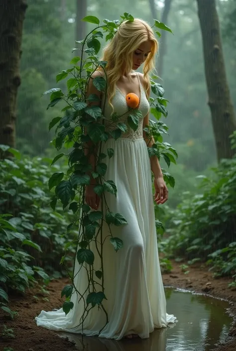 In a forest where it's raining,  is there a plant that grows from a puddle,  the plant turns into a blonde woman , covered with leaves , with a soft white dress and a peach on the heart, his gaze is turned downward 