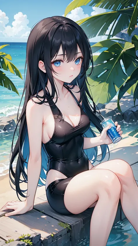  long black straight hair, swimsuit,  blue eyes ， Holding a soda , Relaxation posture, sit, review, HEALTHY SKIN , Outdoor scenery, Blue sky, Bright natural lighting ,  and the sun shines in from the top left, Warm and soft atmosphere, Side Angle, Moderate...