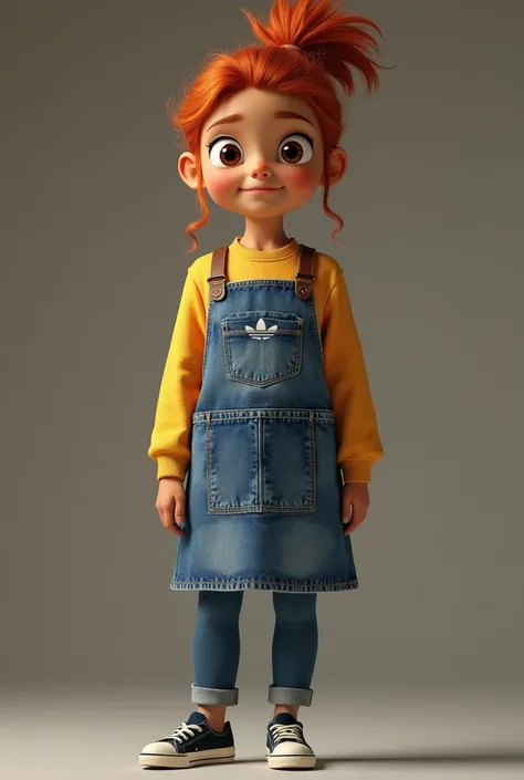 Create a 45-year-old girl ,  Pixar type  ,  with a semi-dark mulatto skin color ,  with completely red hair  ,   tied completely over the head  ,  with an Adidas sweatshirt and adidas   ,   and placed on her clothes a blue denim kitchen apron and brown lea...