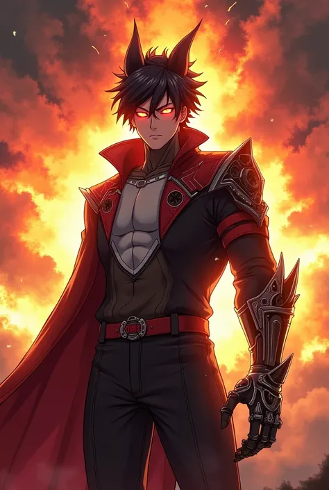 A half-demon anime and his right hand is a robot with an explosion behind him.