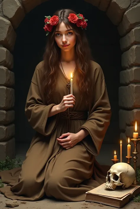 Santa Rosalia,Young hermit woman with long brown hair and a crown of red roses on her head. She wears a long brown tunic, with a string on its hips.  She is kneeling in a cave in prayer. He holds a candle in his hand. And next to her a skull above a book w...