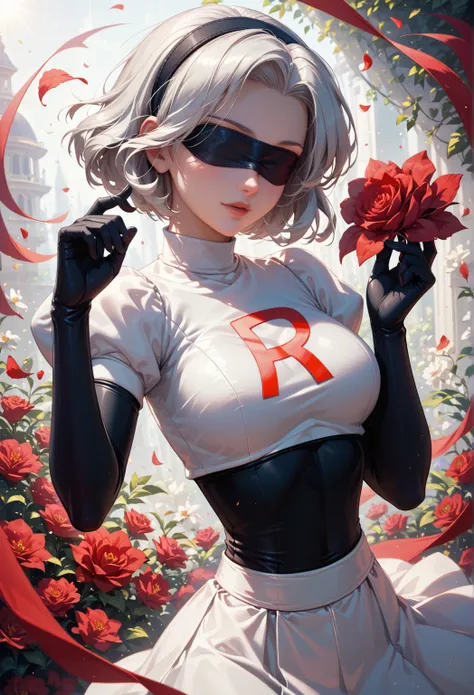 2b, 2b, (black  blindfold:1.5), black  hair band ,  blindfold,  hair band ,  short hair,  white hair,  TO BREAK   hair band , robot, Team Rocket, team rocket uniform , red letter R, White skirt, short white blouse,black high socks, black elbow gloves ,  TO...