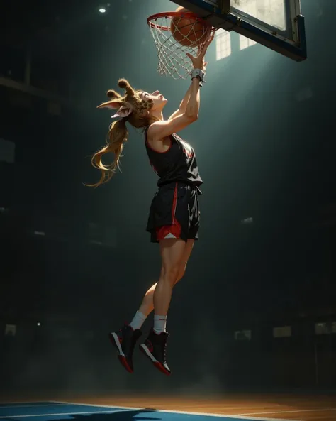 (furry , 1 giraffe girl , petit tits  , ponytail , loose baggy basketball uniform , dunk shoot) , areola , erotica