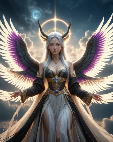 A majestic demon with ((six large spiritual wings)) glows softly with (evil aura). The Japanese female demon has a serene expression with golden eyes, beautiful black horns on her head and silver hair flowing down her back. Her ((six large symmetrical wing...