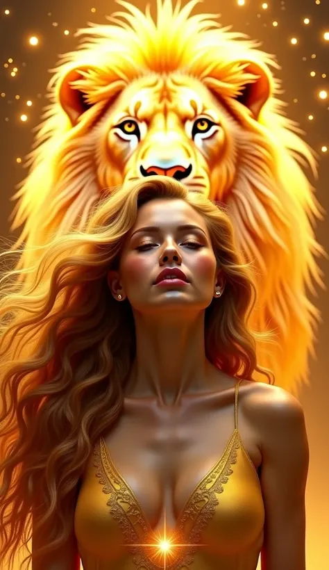 a regal ,  mystical woman who symbolizes Leo in a luminous foreground .  Her bright golden eyes are framed by her voluminous , fiery hair,  cascading like a lion's mane .  Her skin shines with heavenly golden tones ,  and her facial features show the zodia...