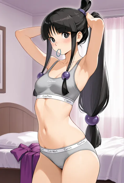 high resolution picture, masterpiece, best quality, amazing quality, official art, solo, 1girl,  maya fey from ace attorney, 1girl,  maya fey, black hair, blunt bangs, long hair, half updo, topknot, low-tied long hair, black eyes, small breasts,           ...