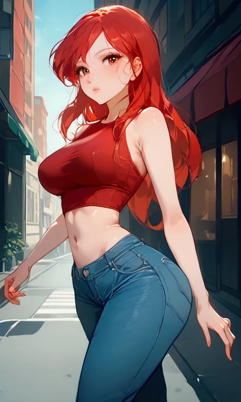 cartoon girl in jeans and red top is walking down the street, forest city The streets behind her , Mary Jane,  (character)  — this is in her natural pose  ,  A red-haired girl ,  Beautiful portrait of Nami , artgerm and Lois van Burle , she is a redhead , ...