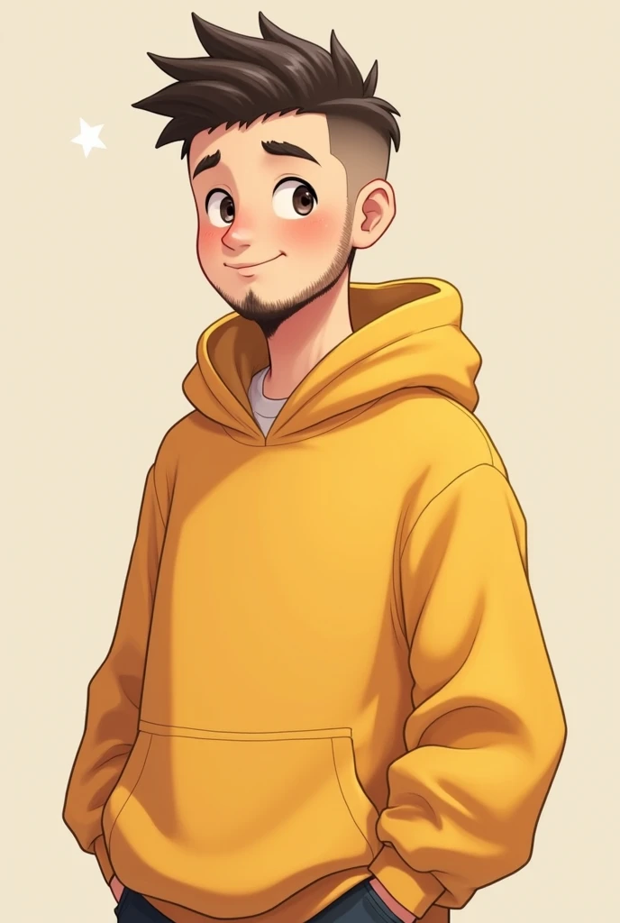 A cute 20 year old  boy.   Yellow hoodi. Buzz cut hair.  Small Beard. Anime