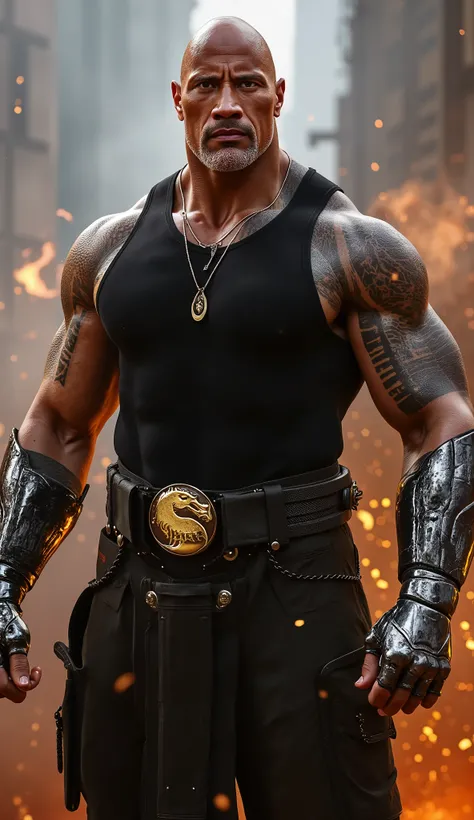 Dwayne "The Rock"  Johnson assumes the role of Jax Briggs in a powerful and imposing version of the iconic soldier of  *Mortal Kombat*.  With his muscular physique and striking presence ,  he wears the classic black tank top ,  highlighting its athletic si...