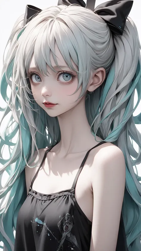 THE WORLD OF TIM BURTON,  albino,   Hatsune Miku、 extremely realistic 、  clavicle 、shoulder、