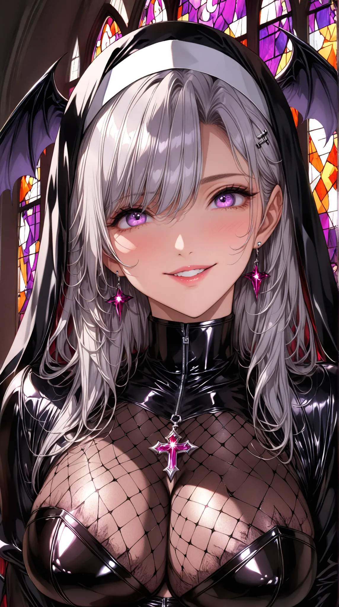 1 mature woman,( Masterpiece, top quality, very detailed depiction, Incredibly Absurd High Resolution ,),(悪魔の角,Devil&#39;s Wings:1.3),( devil and nun fusion , evil ,Nun outfit and bodysuit fusion, Beautifully Detailed Black Latex Nun Leotard Bodysuit,knitt...