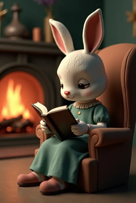 A girl with a rabbit's head reads a book on a chair near the fireplace. A three-dimensional image in a dream