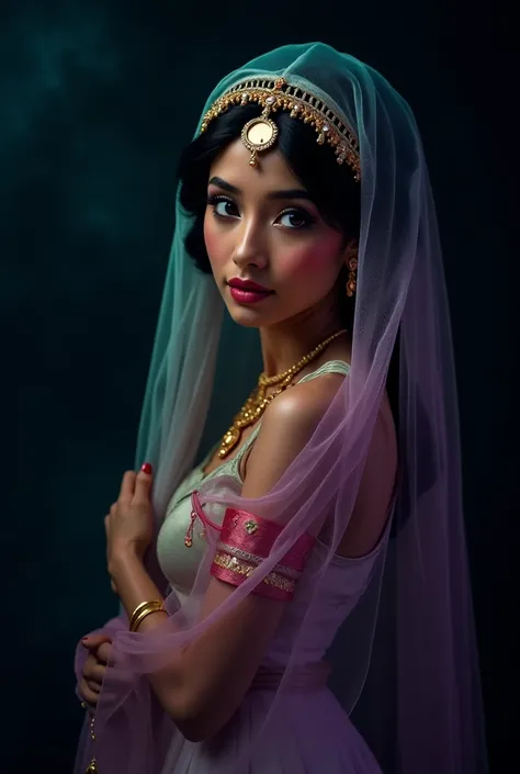 Captivating and colorful high detail photo depicting the beautiful, spirited and enchanting Princess Jasmine wearing a veil. She poses gracefully against a black misty background, creating a serene and dreamy atmosphere. The iridescent hues draw the viewer...