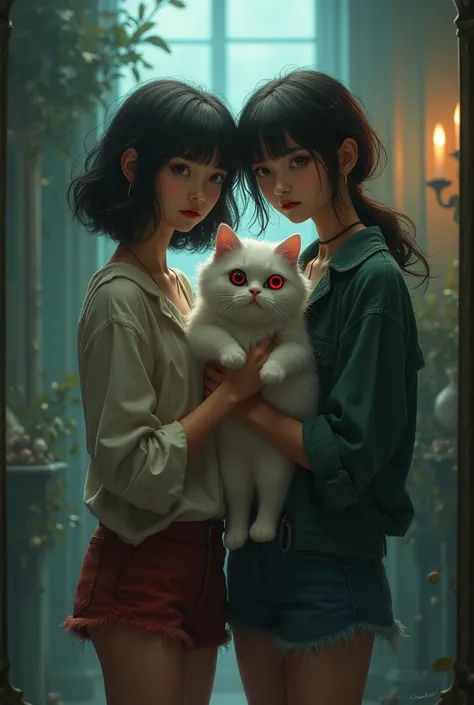 two friends holding a fluffy cat that has only one red eye and both of the girlfriends are standing mysteriously in a room