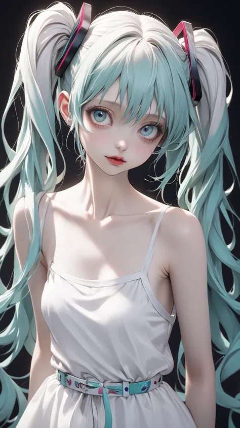 THE WORLD OF TIM BURTON,  albino,   Hatsune Miku、 extremely realistic 、  clavicle 、shoulder、