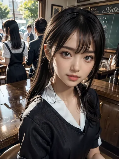 nsfw、((Sexy School Uniform:1.5))、glass、 skinny 、clear dark brown eyes、 long eyelashes、Thin Nose、 facial beauty、Alone、 black hair、bangs、 long straight hair、 watches viewers、(look at viewer、from front、medium shot:1.6)、( cafe interior、crowd、surrounded by peop...