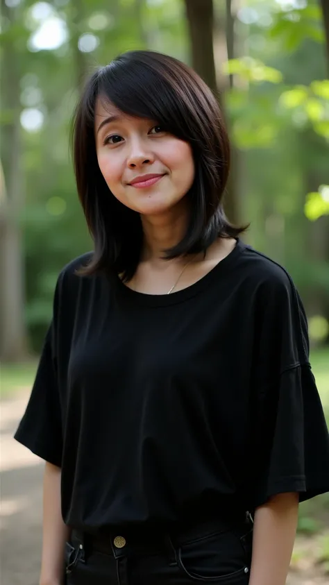 Young woman, likely in her late s or early twenties, with medium bob cut, dark brown hair with side swept bangs and pale bright light-toned skin.  Soft, gentle expression.  Wearing Wearing a oversized black t-shirt, and a black  denim.  Pale pink lipstick ...