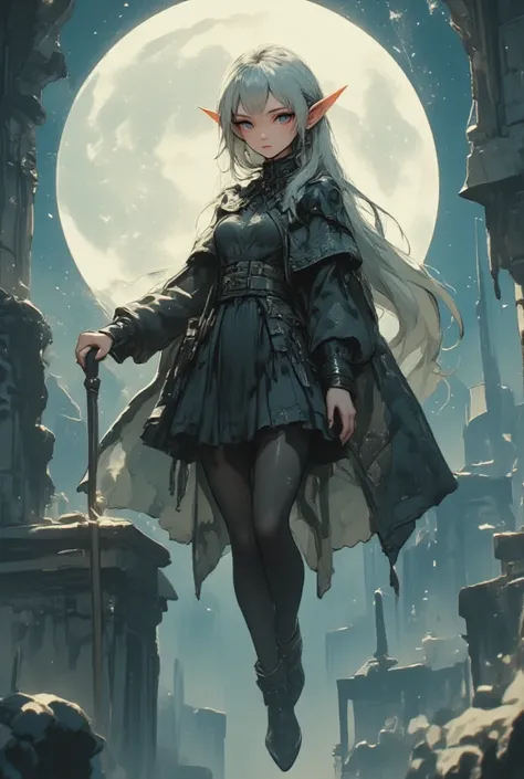 A Female elf. long hair, pointy ears, earrings, collared capelet with long sleeves, skirt, pantyhose, boots, holding a staff, looking at the viewer, floating in the air. big full moon in the background.