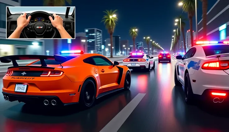 
"Create a realistic nighttime urban car chase scene set on modern streets surrounded by buildings and palm trees. The focus should be on a bright orange sports car with an 'RWB' spoiler, chased by multiple police cars with flashing red and blue lights. Th...