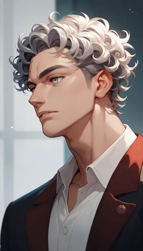Handsome, beautiful man. Short black curled hair. Silver eyes. (masterpiece, high quality:1)