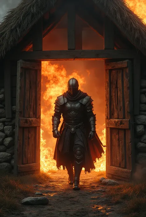 a knight walking out of a skyrim looking house as the interior burns in flames