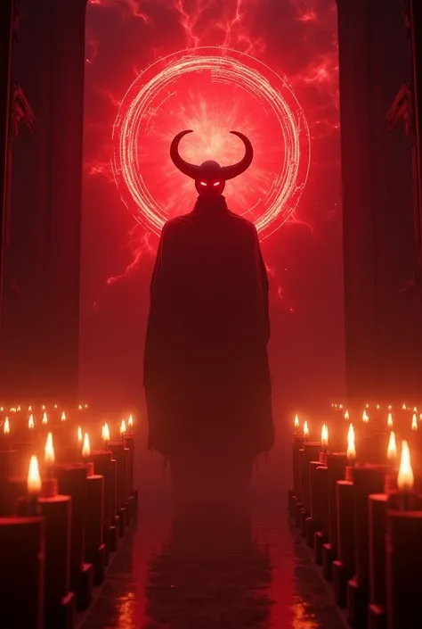 A 5-second cinematic animation of a dark Gothic cathedral setting, featuring a mysterious figure with horns and wings levitating with glowing red energy tendrils swirling around his. The figure's eyes pulse with a fiery red glow, and the energy halo behind...