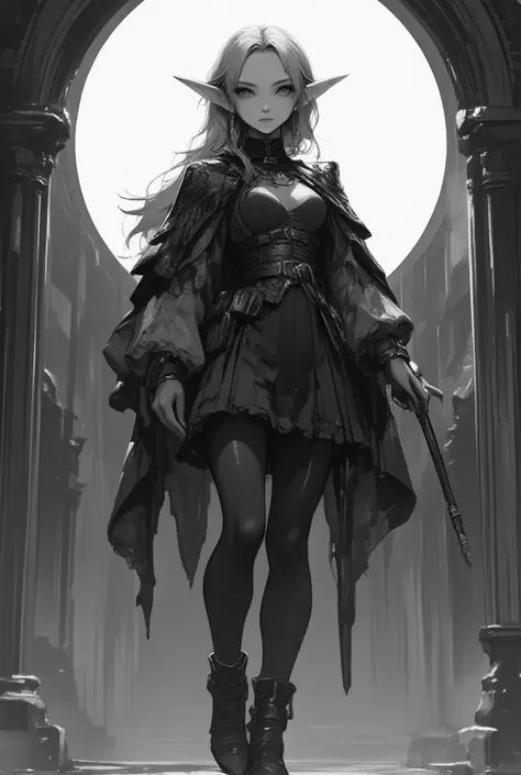 Black and white art. A Female elf. long hair, pointy ears, earrings, collared capelet with long sleeves, skirt, pantyhose, boots, holding a staff, looking down the viewer, floating in the air. big full moon in the background. from below. okazu style 