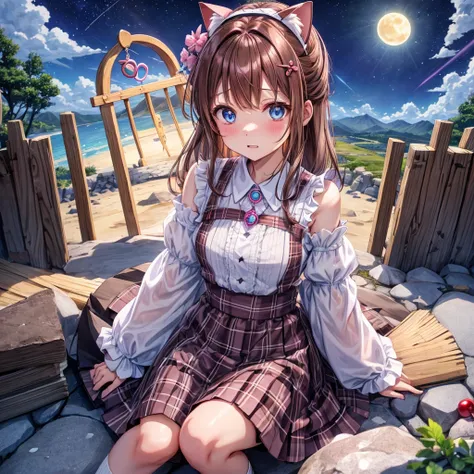 pink brown brown hair、 blue eyes、 has hair tied、Two cute、 Plaid Mini Skirt、 BLACK T-SHIRT、 light clothing、 dress、 camisole、 high socks 、Teeth are visible、The stone is cracked、 the road is crooked、Mountain々、diagonal、 monsters、fog、 Aurora、moon、 shooting star...