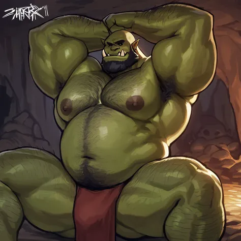 Green skinned bara orc, bald, very horny, flexing hairy and musky pit, hairy body, very large pecs, strong physique, very muscular, perfect anatomy, masterpiece, black beard, black eyes, strong jaw, giant biceps, shirtless, hairy pectorals, solo, great lig...