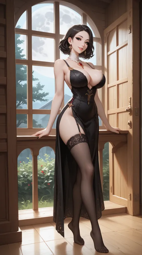  score_9,  score_8_ up the side,  score_7_ up the side,  source_Anime, Masterpiece, top quality,Beautiful detailed full body,  beautifully detailed lips , Highly detailed feet and faces,  long chest,  1 female, smile,  stockings , big droopy breasts , shoc...