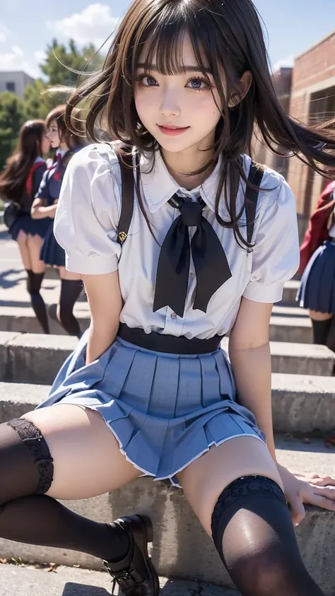 ((( top quality))), (( Masterpiece)), ( Details), ((solo)), (((((((( High School Girls in School Uniforms )))))))), (Delicate body), (((((Skirt fluttering in the wind))))), (( white skin)), (((Angle of view that includes face and whole body))), ((( well-gr...