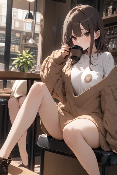  women drinking coffee sitting in a group 、loose oversized sweater、  miniskirt、  open chest design 、  sit with legs crossed、Cafe、