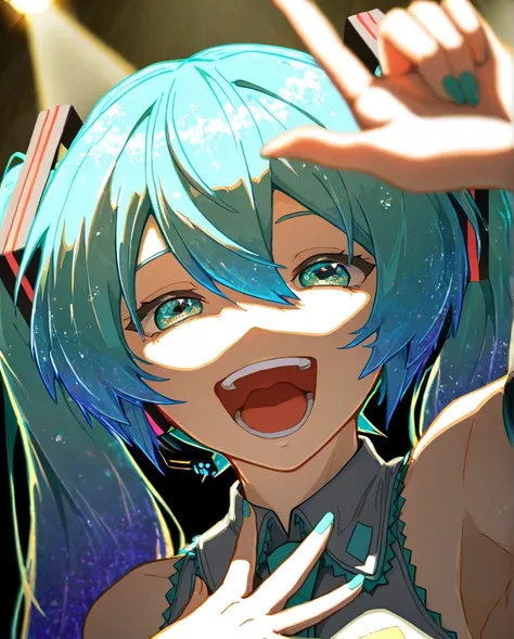  one woman, ( Hatsune Miku), face close-up,  singing, I'm putting my left hand on my chest,  looking up at viewers ,  point of view looking down , (background live stage, Psyllium,  colorful), (Raise your right hand diagonally upward and forward), (Photogr...