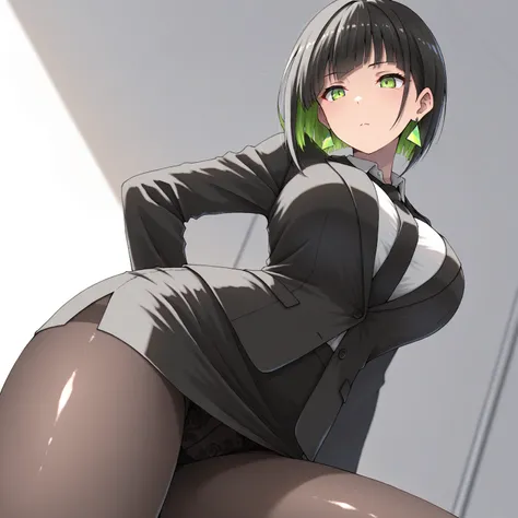 masterpiece, (((( best quality )))),1 girl, Japanese Anime ,,shiny skin, wearing a black suit,skirt suit, black tie , dark hair, short bob hair,The inner color of the hair is green, green eyes,isosceles triangle earrings, black tights,large breasts