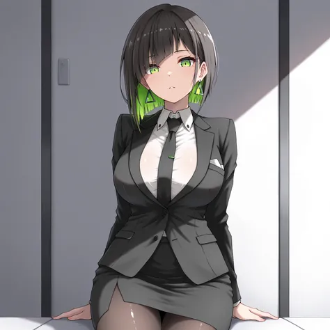 masterpiece, (((( best quality )))),1 girl, Japanese Anime ,,shiny skin, wearing a black suit,skirt suit, black tie , dark hair, short bob hair,The inner color of the hair is green, green eyes,isosceles triangle earrings, black tights,large breasts