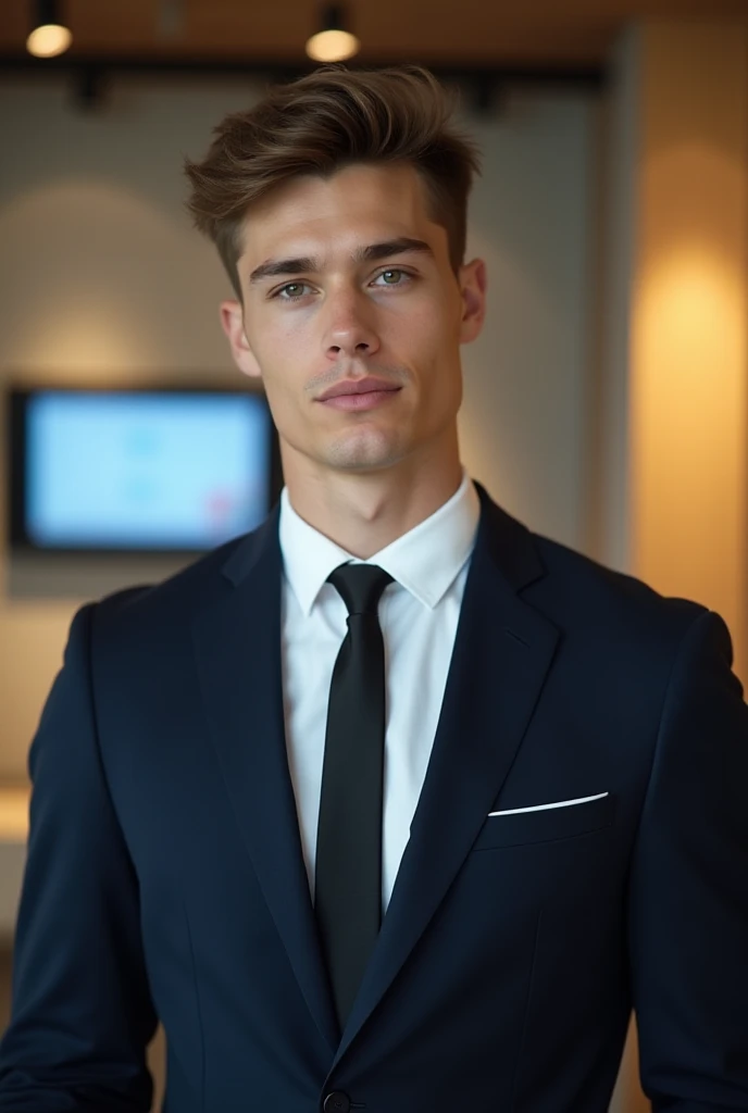 A 19-year-old male student with a well-built, fit physique, exuding confidence and intelligence. He has a student look, neatly styled hair, and a professional yet youthful aura. He is dressed in a perfectly tailored  suit with a crisp white shirt and a sty...