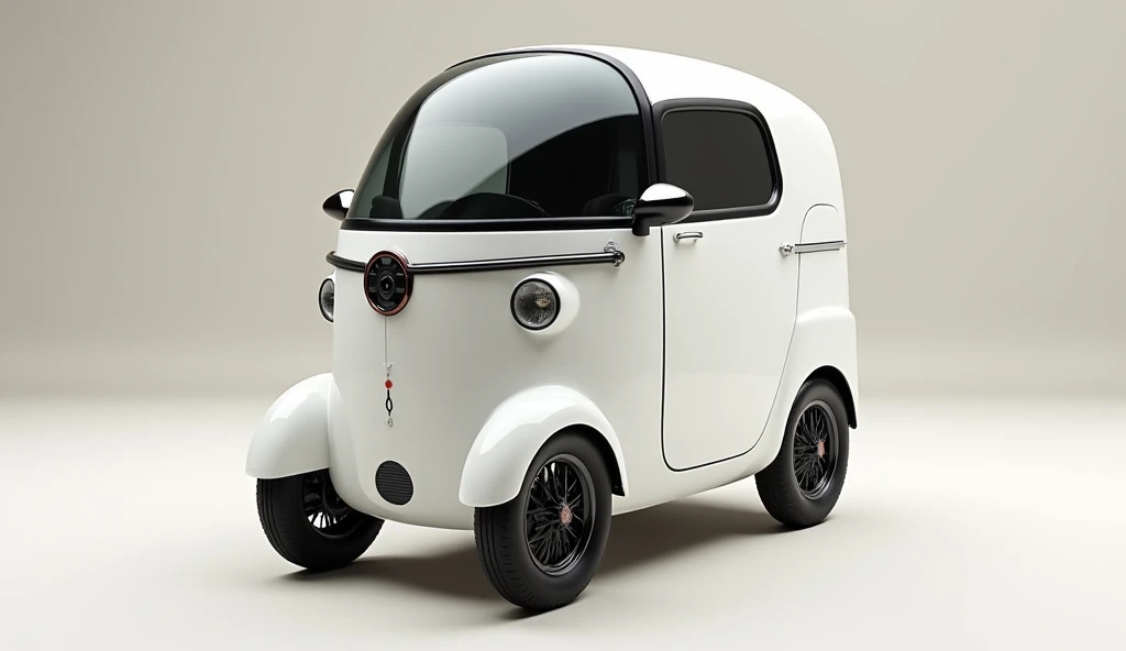 Front view A stylish white tricycle with a vintage-modern design. The front resembles a classic tuk-tuk with a curved windshield, round headlights, and chrome handlebars. The body is sleek and smooth, with a glossy black finish. The tricycle has a compact,...