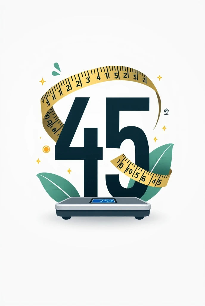 CREATE A LOGO WITH THE NUMBERS 45, AROUND THE NUMBER I WANT A MEASURING TAPE, WRAPPING THE NUMBERS ,  UNDER THE NUMBER I WANT A DIGITAL WEIGHT SCALE, TO WEIGH A PERSON 