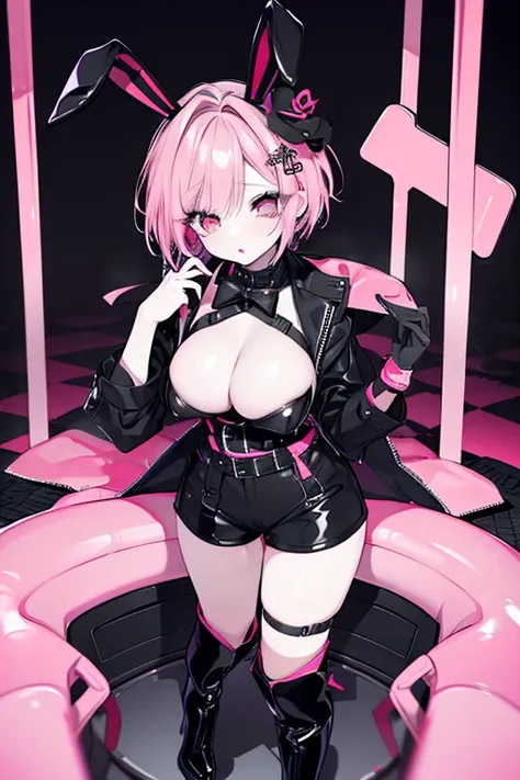   in the seat,  very elaborate face ,  white skin, long eyelashes,   red lips,  pink eye,   bob hair,    light pink hair   ,   short hair,   large accentuated breasts,   black bunny suit,    black bunny girl costume ,  shorts,  sexy costume, Super Long Boo...