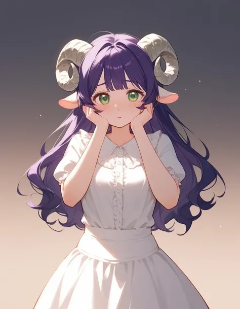 One, score_9,score_8_ upwards,score_7_ upwards, antro ram-boy ,  green eyes,  purple hair,  long hair, sheep horns,  fat hips,  thick,  in a pink blouse ,  white shirt ruffle skirt,  indoor skirt,  shy pose ,  hands to face 