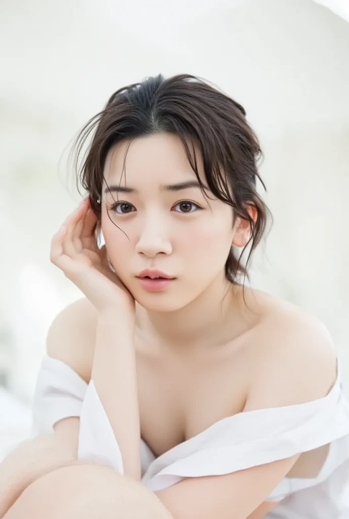   skinny Japanese woman , with  small breasts,  thin waist, (  correct body anatomy  ,  detailed face,  closed eyes ), ( sleeping on my back in bed : 1.4),   I'm feeling terrible pain in my private area, that, I'm crying with fear , Gasping in physical pai...