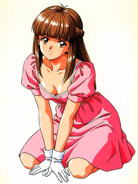 Megumi Mikihara,1girl,solo,gloves,retro artstyle,1990s (style),brown hair,long hair,dress,bangs,braid,brown eyes,white background,smile,blunt bangs,own hands together,white gloves,simple background,looking at viewer,short sleeves,pink dress,french braid,tr...