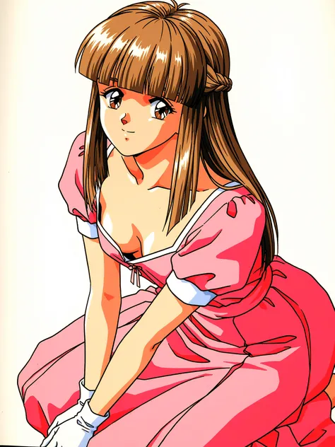 Megumi Mikihara,1girl,solo,gloves,retro artstyle,1990s (style),brown hair,long hair,dress,bangs,braid,brown eyes,white background,smile,blunt bangs,own hands together,white gloves,simple background,looking at viewer,short sleeves,pink dress,french braid,tr...