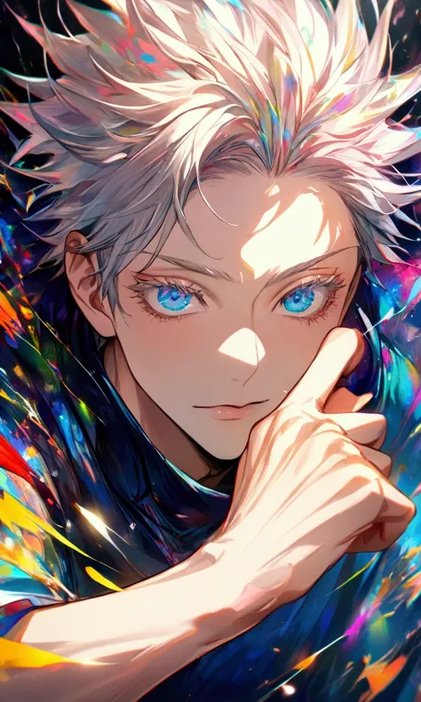 (((1boy 、Gojo Satoru、Jujutsu Kaisen))))、White eyelashes、 long lashes、 blue eyes、Gray Hair、very pretty face 、 perfect face、 blue thunder effect、16k, ( Masterpiece:1.3)、( top quality:1.4)、( Super Detail:1.5)、 high resolution、 very detailed、 complicated detai...