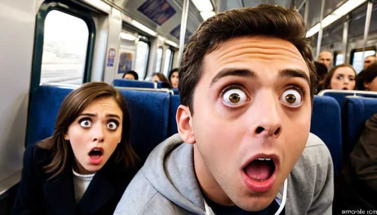 dynamic angle, Super Detail,, 1 American in the background,male, light brown eyes, big eyes, shock, Surprised, shocked eyes, out of breath, Confused, Train